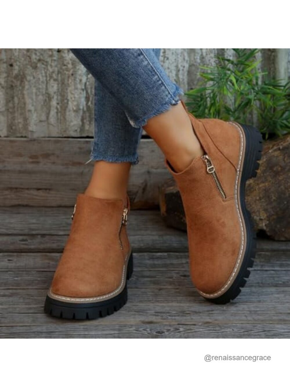 Faux Suede Chunky Heel Ankle Boots Round Toe Side Zipper